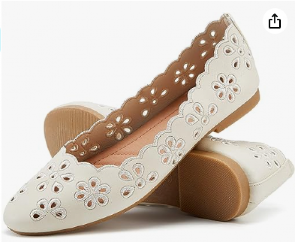 Vtshoes Women's Ballet Flats Black PU Leather Dress Shoes Comfortable Round Toe Slip on Flats with Floral Eyelets