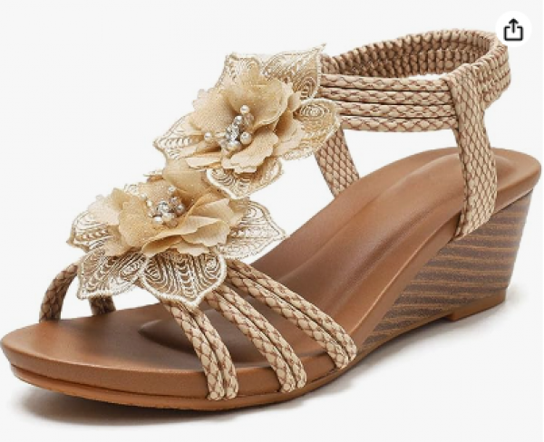 Vtshoes Wedge Sandals for Women Cutout Peep Toe Mid Heel Rhinestones Fashion Breathable Beach Sandals