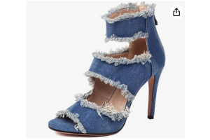 Vtshoes Women's Peep Toe Stiletto Denim Sandals Heels Ankle Strap Summer Jean Shoes