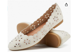 Vtshoes Women's Ballet Flats Black PU Leather Dress Shoes Comfortable Round Toe Slip on Flats with Floral Eyelets