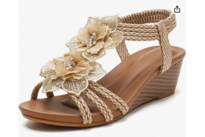 Vtshoes Wedge Sandals for Women Cutout Peep Toe Mid Heel Rhinestones Fashion Breathable Beach Sandals